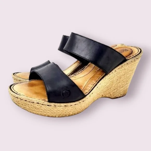 Born Black Leather Wedge sandals  size 9 - Picture 2 of 13
